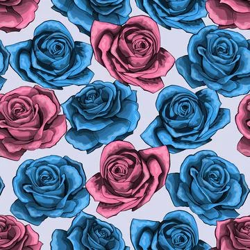 Vector vintage hand drawn rose flower blossom blooming seamless pattern 스톡 일러스트
