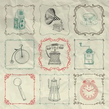 Vector Vintage Icons and Objects on Crumpled Paper Stock Illustration