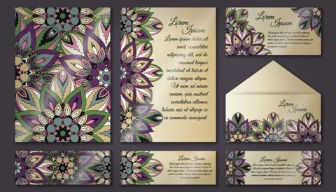 Vector vintage invitation card set. Floral mandala pattern and ornaments. Ori イラスト素材