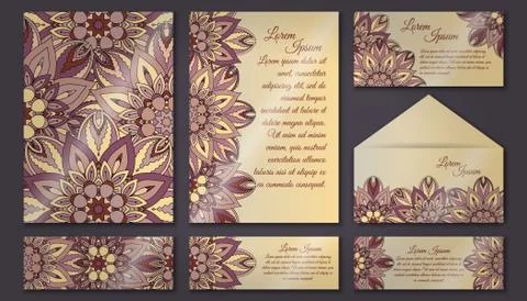 Vector vintage invitation card set. Floral mandala pattern and ornaments. Ori Illustrazione stock