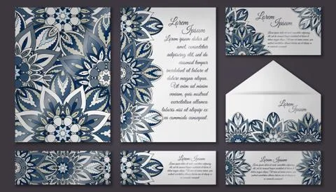Vector vintage invitation card set. Floral mandala pattern and ornaments. Ori Stock Illustration