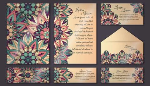 Vector vintage invitation card set. Floral mandala pattern and ornaments. Ori イラスト素材