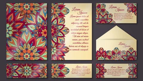 Vector vintage invitation card set. Floral mandala pattern and ornaments. Ori イラスト素材