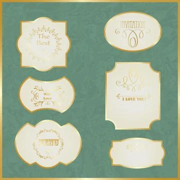 Vector vintage labels with golden borders and text on crumpled paper Illustrazione stock