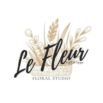 Vector vintage logo with hand drawn sketch plants, herbs and branches isolate Stock Illustration