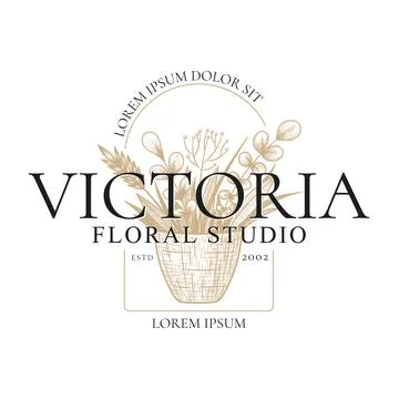 Vector vintage logo with hand drawn sketch plants, herbs, branches and floral Stock Illustration