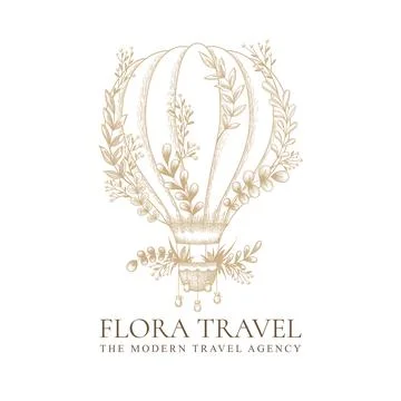 Vector vintage logo with hand drawn sketch hot air balloon, plants, herbs, br Stock Illustration
