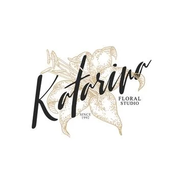 Vector vintage logo with hand drawn sketch lily flower isolated on white ba.. Stock Illustration