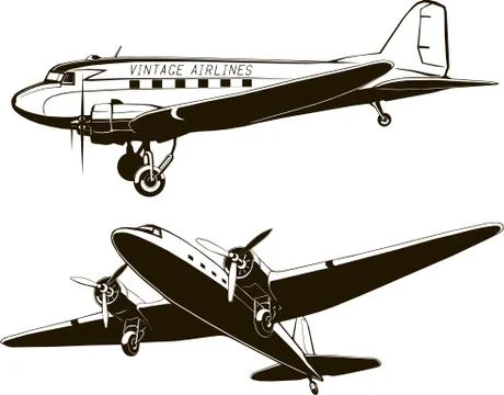Vector vintage passenger airplane, vector art, monogram, isolated, hand drawi Stock Illustration