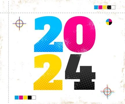 Vector vintage poster with 2024 in CMYK style. Retro poster for new year 2024 Illustration