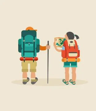 Vector vintage poster with couple of backpackers Stock Illustration