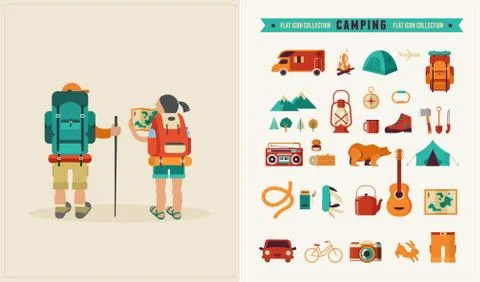 Vector vintage poster with couple of backpackers and set of icons Ilustração Stock
