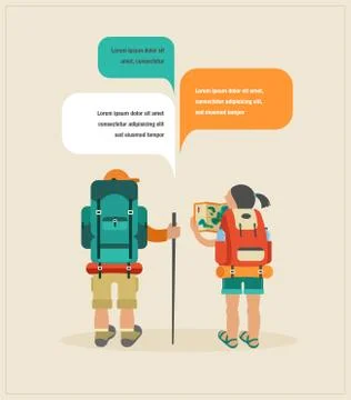 Vector vintage poster with couple of backpackers and speech bubbles Stock Illustration