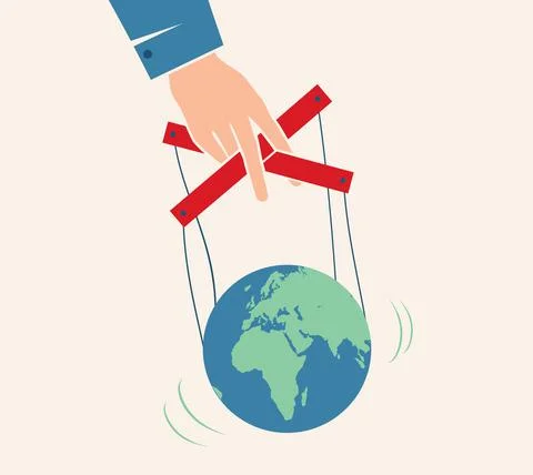 Vector vintage poster with hand controls Earth like a puppet. World control. 스톡 일러스트