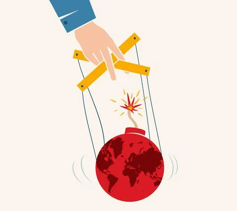 Vector vintage poster with hand controls Earth like a puppet. World control. Stock Illustration