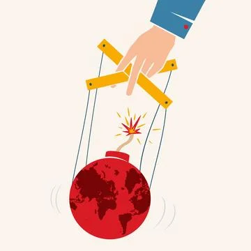 Vector vintage poster with hand controls Earth like a puppet. World control.. Stock Illustration