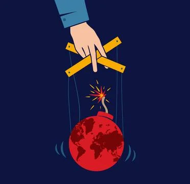 Vector vintage poster with hand controls Earth like a puppet. World control.. Stock Illustration