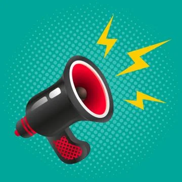 Vector vintage poster with megaphone on halftone background. Black megaphon.. Иллюстрация