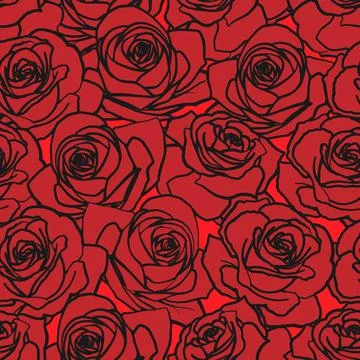 Vector vintage seamless pattern. Black outlined red scarlet rose flowers Stock Illustration