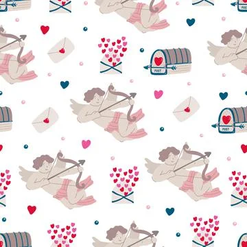 Vector vintage seamless pattern with cupids, mailboxes, love letters on white Stock Illustration