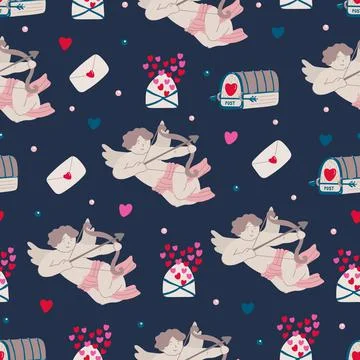 Vector vintage seamless pattern with cupids on navy blue Stock Illustration