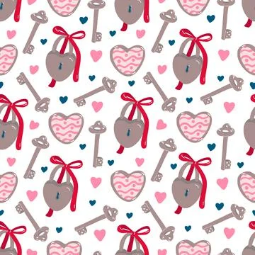 Vector vintage seamless pattern with keys, padlocks and hearts on white Stock Illustration