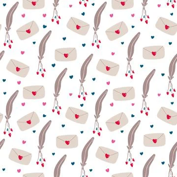 Vector vintage seamless pattern with love letters,  quills on white Stock Illustration
