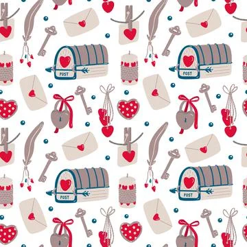 Vector vintage seamless pattern with mailboxes, love letters on white Stock Illustration