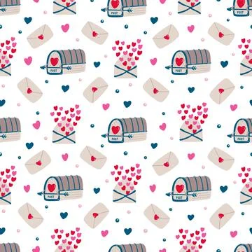 Vector vintage seamless pattern with mailboxes, love letters on white Stock Illustration