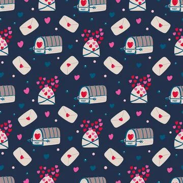 Vector vintage seamless pattern with mailboxes, love letters on dark. Stock Illustration