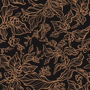 Vector vintage seamless pattern. Nature tree, coffee branch, leaf, bean, flow Stock Illustration