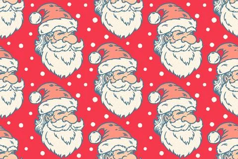 Vector vintage seamless pattern of Santa Claus and snowflakes. Retro vector.. Stock Illustration
