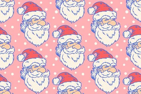 Vector vintage seamless pattern of Santa Claus and snowflakes. Retro vector.. Illustration