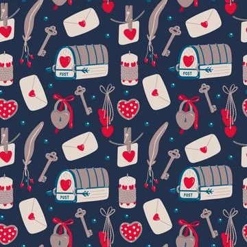 Vector vintage seamless pattern Valentine's day decorations on dark Stock Illustration