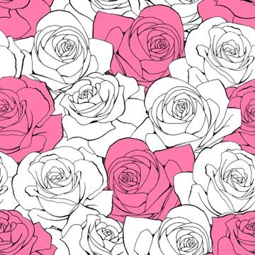 Vector vintage seamless pattern. White pastel outline rose flowers 스톡 일러스트
