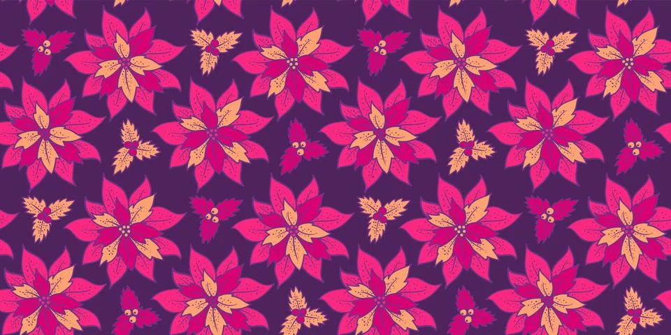 Vector vintage seamless patttern with red poinsettia. Retro seamless Christma Stock Illustration