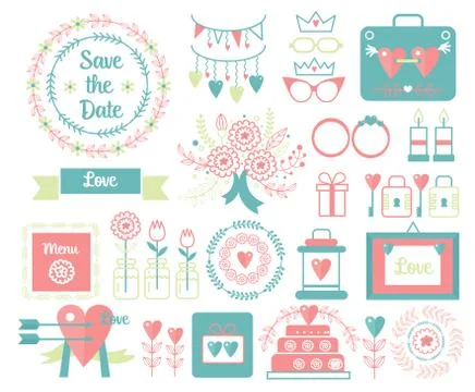 Vector vintage set of decorative cute wedding elements and hand drawn icons Stockillustratie