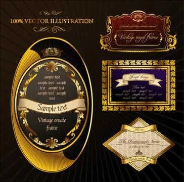 Vector vintage set. Gold frames ornate label Stock Illustration