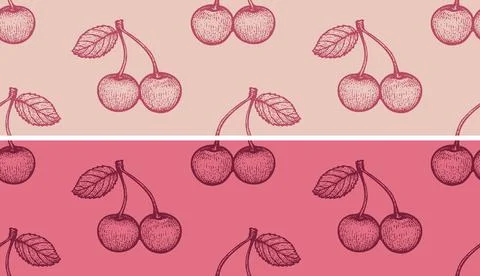 Vector vintage set patterns of cherry in engraving style. Retro food patter.. 스톡 일러스트
