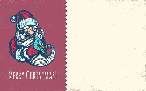 Vector vintage vector postcard with Santa Claus and bird for Christmas. Stock Illustration