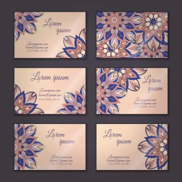 Vector vintage visiting card set. Floral mandala pattern and ornaments. Orien イラスト素材