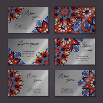 Vector vintage visiting card set. Floral mandala pattern and ornaments. Orien Stock Illustration