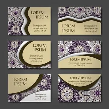 Vector vintage visiting card set. Floral mandala pattern and ornaments. Orien Illustrazione stock