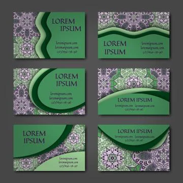 Vector vintage visiting card set. Floral mandala pattern and ornaments. Orien Stock Illustration