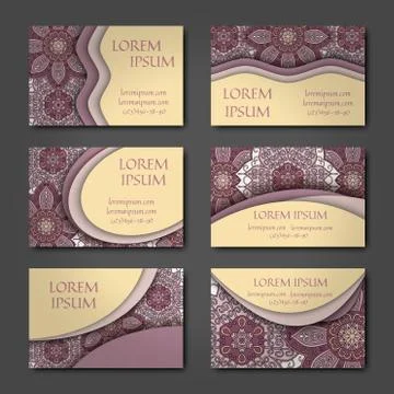 Vector vintage visiting card set. Floral mandala pattern and ornaments. Orien Stock Illustration