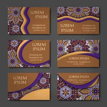 Vector vintage visiting card set. Floral mandala pattern and ornaments. Orien Illustrazione stock