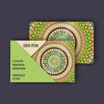 Vector vintage visiting card set. Floral mandala pattern and ornaments. Orien 스톡 일러스트