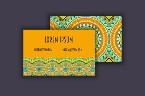 Vector vintage visiting card set. Floral mandala pattern and ornaments. Orien 스톡 일러스트