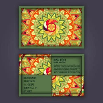 Vector vintage visiting card set. Floral mandala pattern and ornaments. Orien 스톡 일러스트