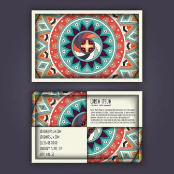 Vector vintage visiting card set. Floral mandala pattern and ornaments. Orien Stock Illustration